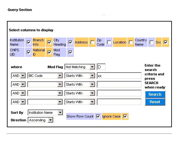 Sample screenshot of Bic Enquiry Query Section